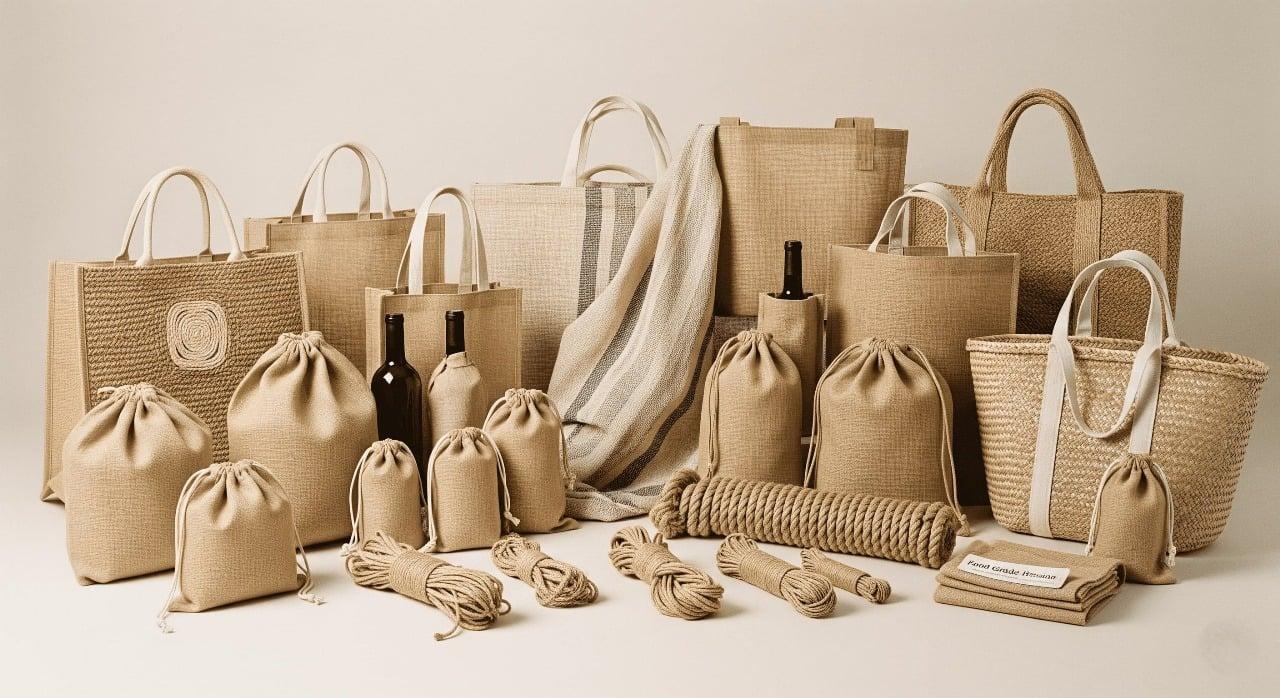 A range of natural jute products — tote bags, drawstring pouches, wine carriers, woven baskets, rope and folded fabric — arranged on a neutral background